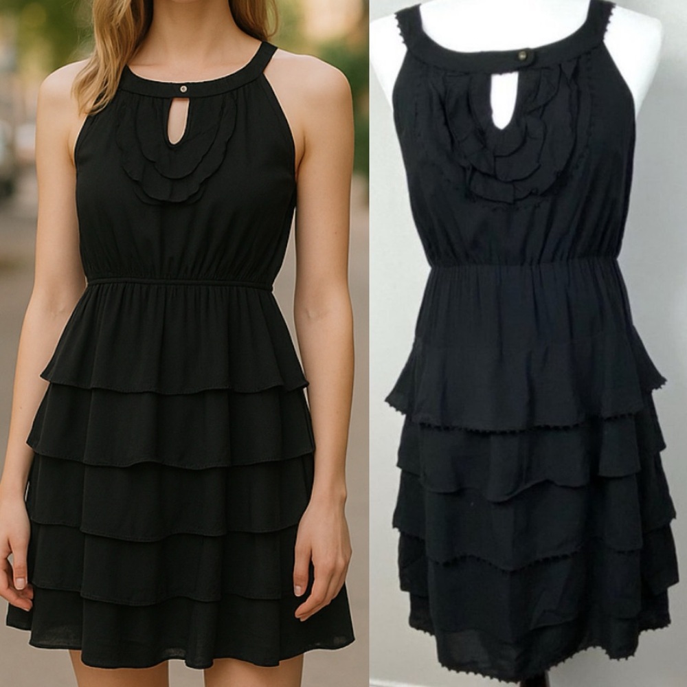 Anthropologie Maeve Terasina Ruffle Dress Black Size 4 Tiered Mini Bohemian Boho